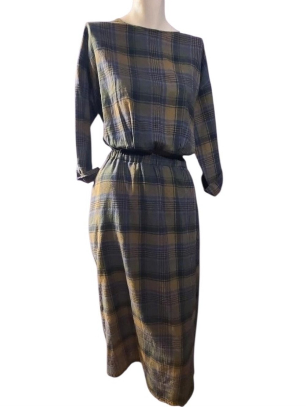 L'atelier du Savon Japanese Plaid Cotton Linen Illusion Two Piece Dress F